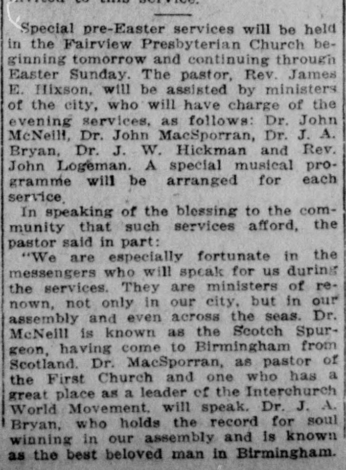 Pre-Easter Services Fairview Presbyterian Church